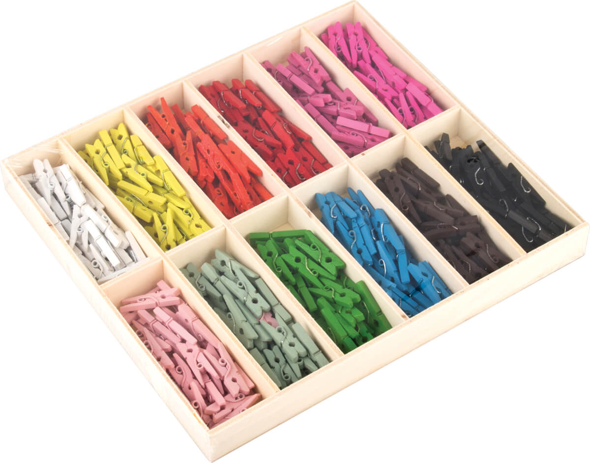 Mini-pinces à linge / marqueurs de verre, multicolores (25mm) - 288 pcs. dans une boîte en bois