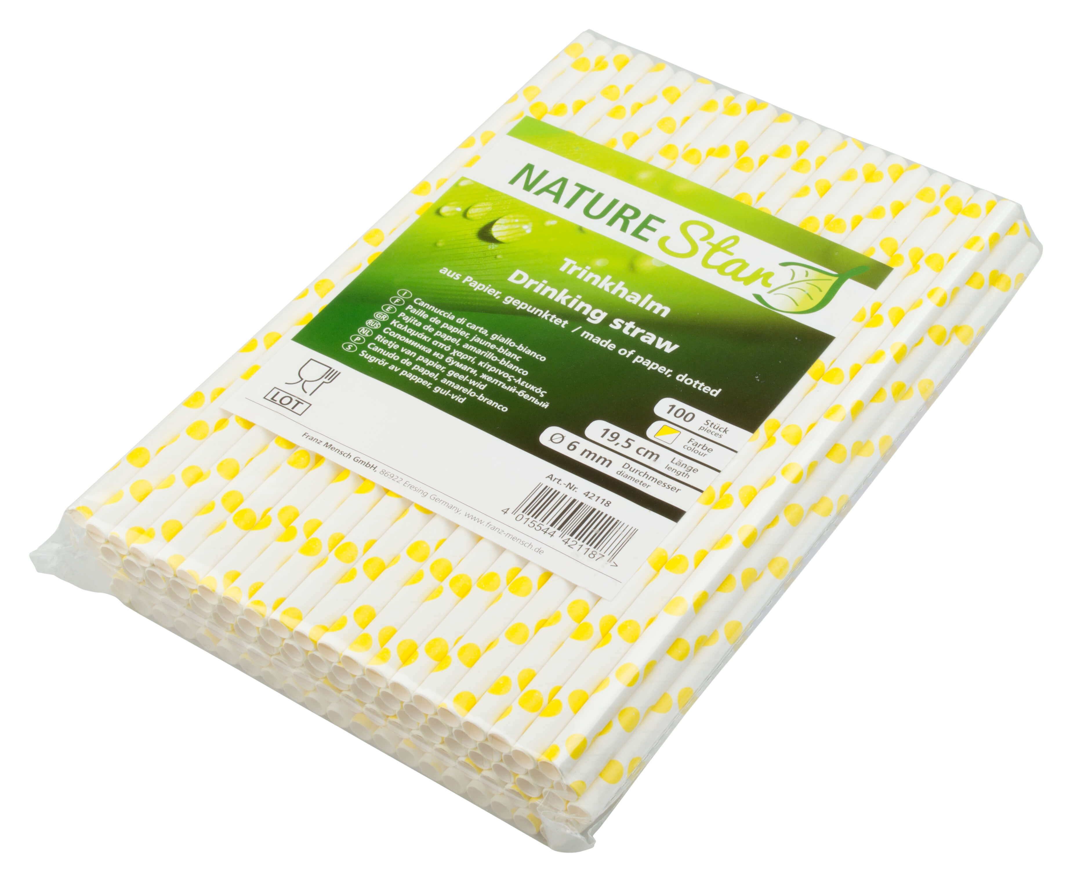 Pailles, papier (195x6mm) - points (jaune-blanc) - 100 pcs.