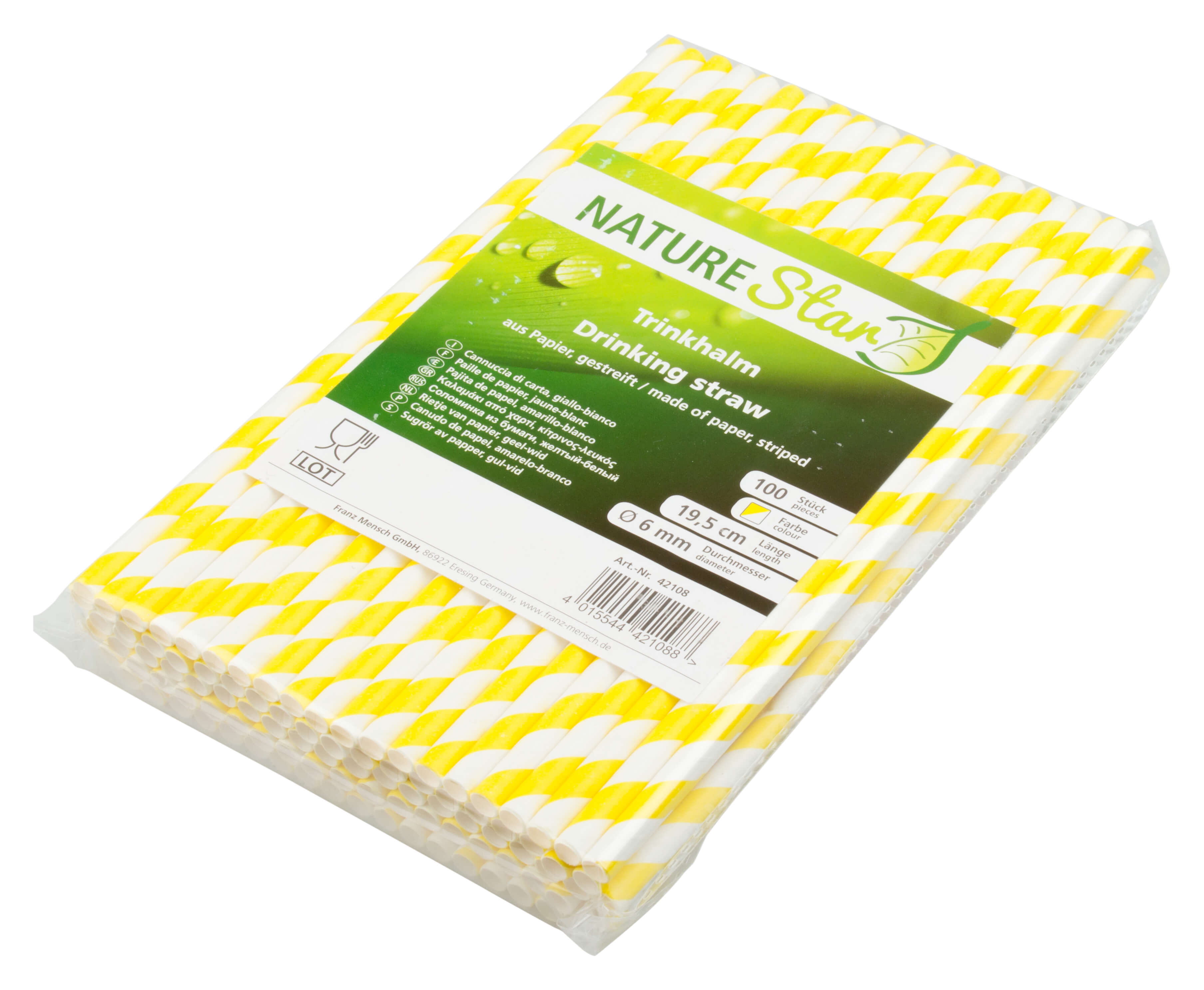 Pailles, papier (195x6mm), bandes (jaune-blanc) - 100 pcs.