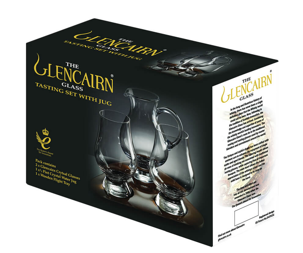 The Glencairn Whisky Tasting Set avec 2 verres, pichet d'eau et plateau en bois