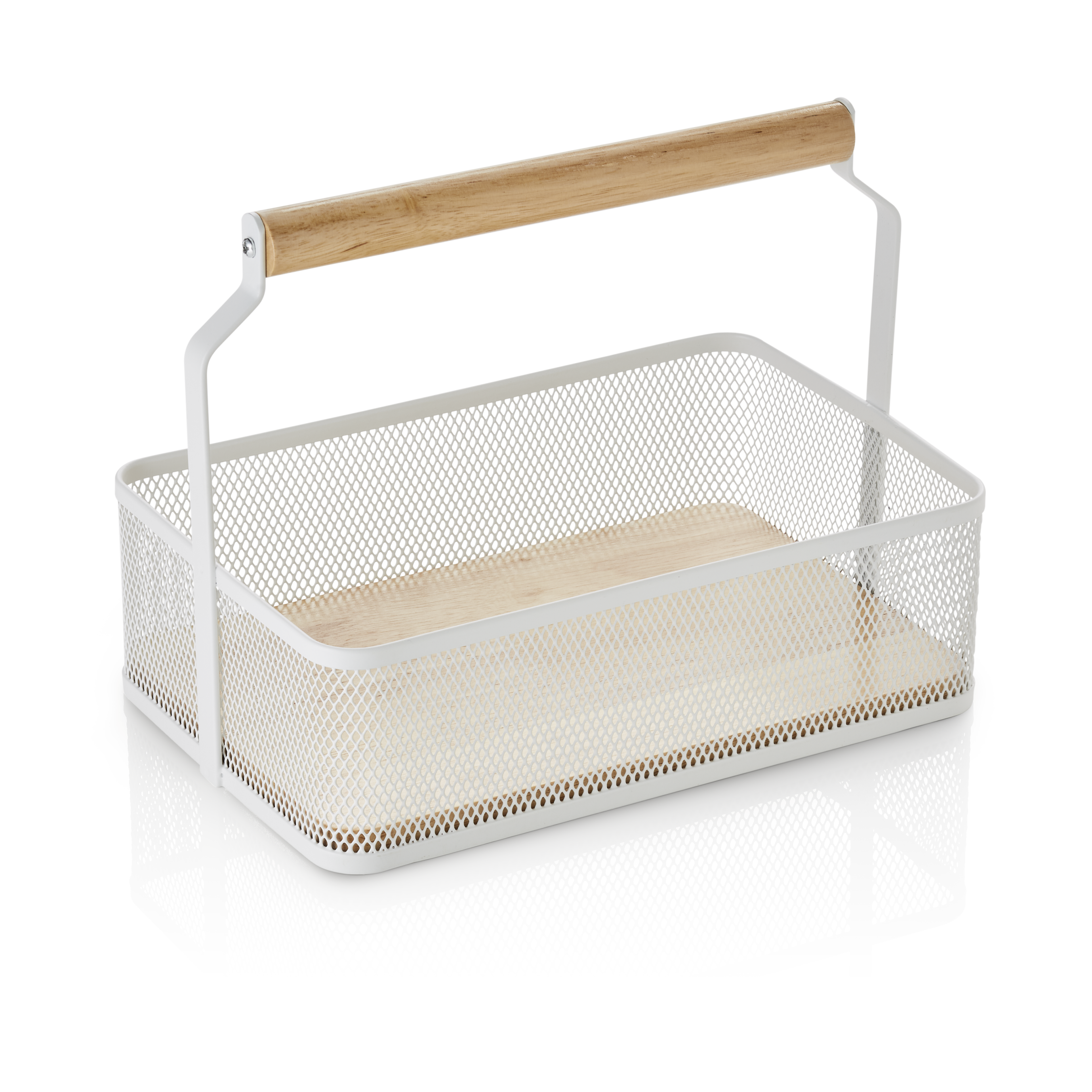 Table Caddy / panier en métal avec poignée en bois, 23,5x15,6x7,5cm - blanc