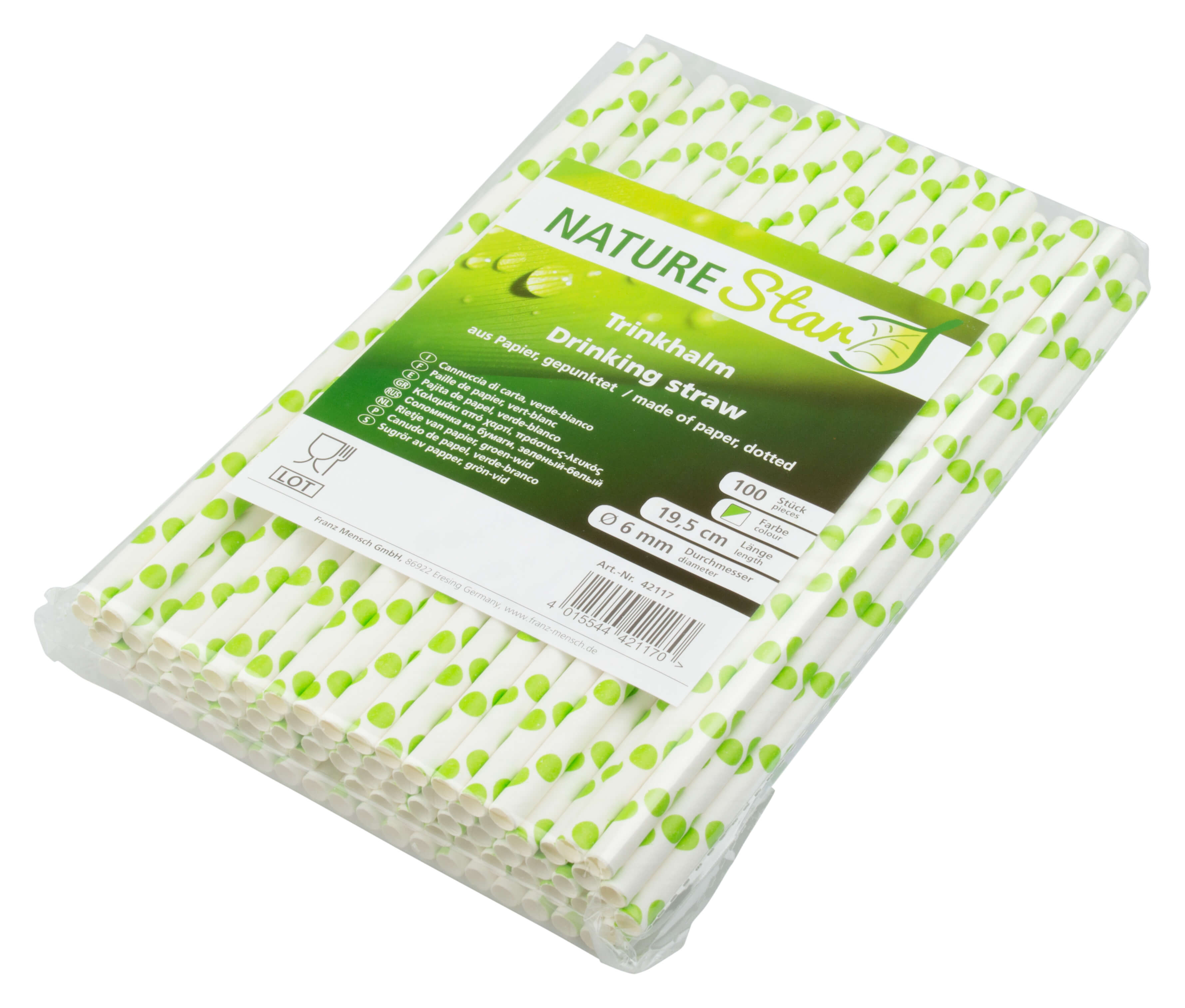 Pailles, papier (6x195mm), points (vert et blanc) - 100 pcs.